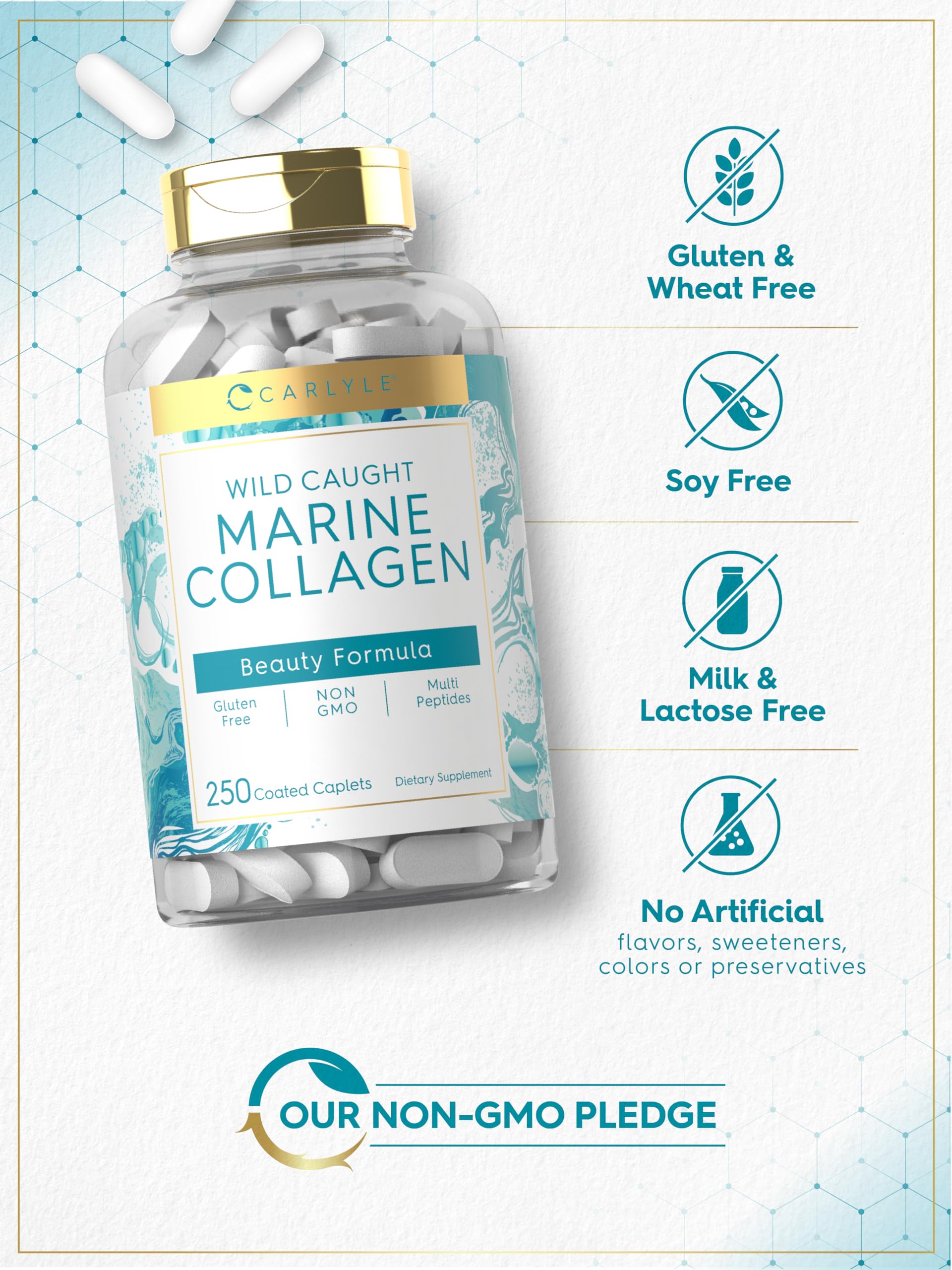 Carlyle Marine Collagen Pills | 250 Caplets | Wild Caught Collagen Peptides | Non-GMO, Gluten Free